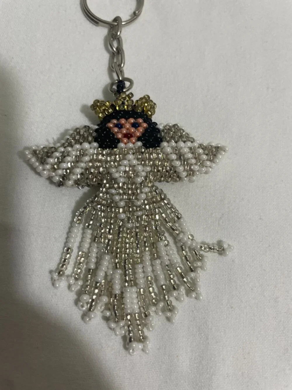 Handmade Beaded Angel Keychain White Silver Guardian Angel Charm Key Ring